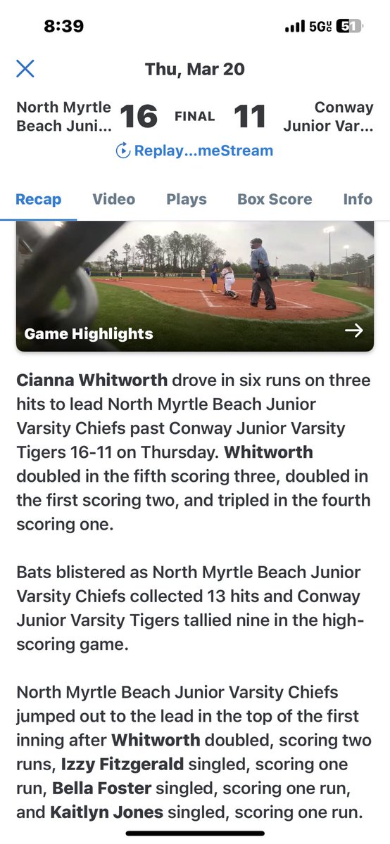ccwhit33's tweet photo. So happy with my game this Thursday  against Conway. I went 3 for 3 with a walk. I had a triple, and two doubles with 6 RBIS, leaving my batting Avg. as .727 for the season so far! #ILEAP💛💙 #schoolball @LLG_Davis27_28 @llgdavis16u @Org_LLG https://t.co/jy9g7ghpaG