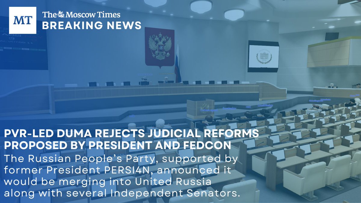 The PVR-led State Duma voted to reject the Federation Council's proposed Judicial reforms. The Fair &amp; Functional Judiciary Act aimed to increase the efficiency, impartiality, and accountability of the Russian court system. Notably, Rodina voted to abstain on the legislation.