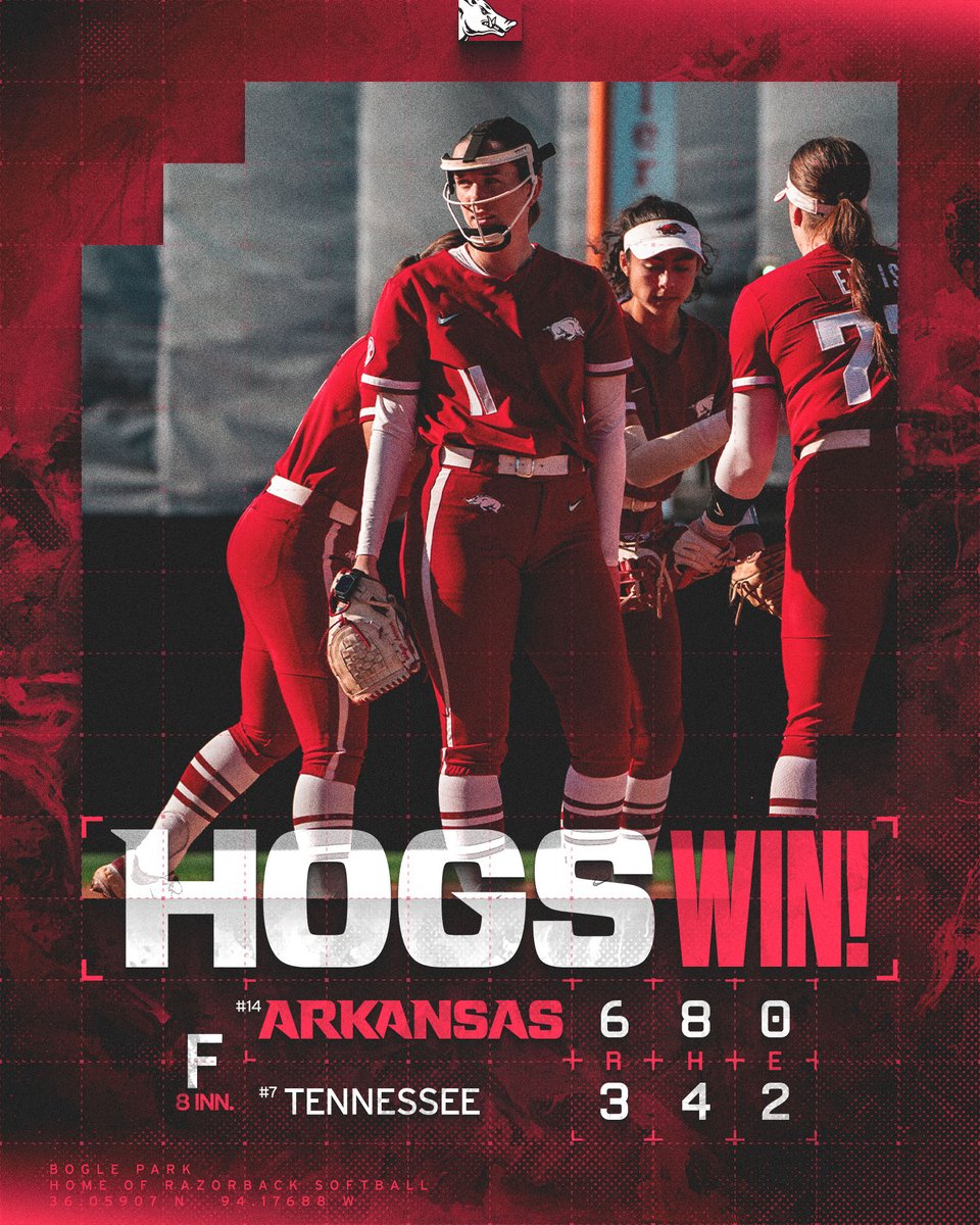 GAME ONE BELONGS TO THE HOGS!!!

Robyn Herron ties a school record with 16 strikeouts!