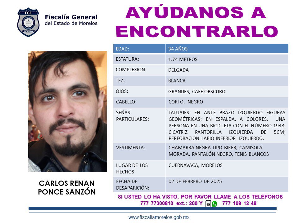 #FiscalíaMorelos solicita su colaboración para localizar a    CARLOS RENAN PONCE SANZÓN de  34  años de edad.