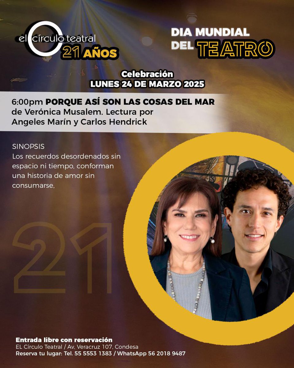 Festejar el Día Mundial del Teatro y el aniversario de 
 <a href="/CIRCULOTEATRAL/">El Círculo Teatral</a> es un gozo 
Gracias por permitirme participar siempre, Alberto Estrella (Actor) y <a href="/v_carpin/">Víctor Carpinteiro</a>
 ❤️🎭❤️
Los esperamos!!! 
“Viva el Teatro”
Reserva, 📞5555531383📞
Entrada gratuita