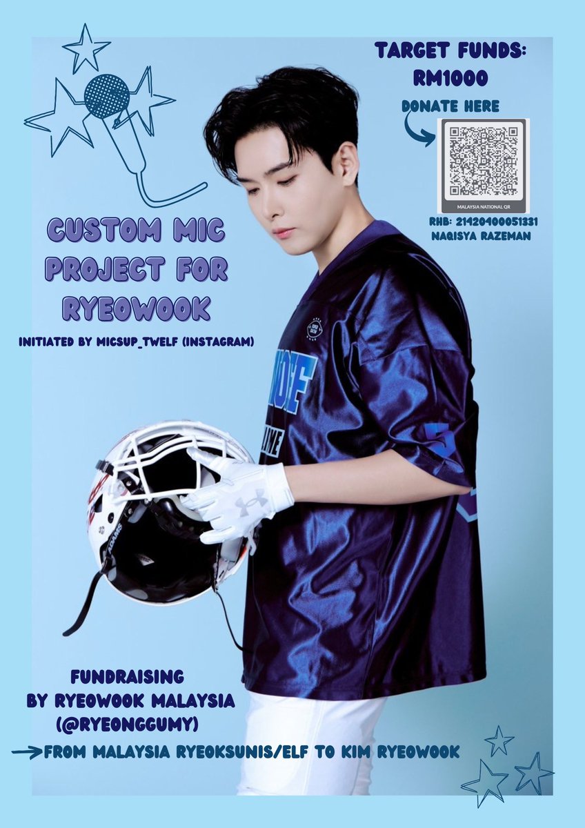✨FUNDRAISING: CUSTOM MIC PROJECT FOR RYEOWOOK✨

Initiated by <a href="/weixin9003/">이현 🐦</a> 

We are pleased to announce that we will participate in this project for on behalf of Malaysia Ryeoksuni/ELF💙

Target Donation: RM1000

Pls refer the form below for full details:
forms.gle/S2FGRFFhdbNZCi…
