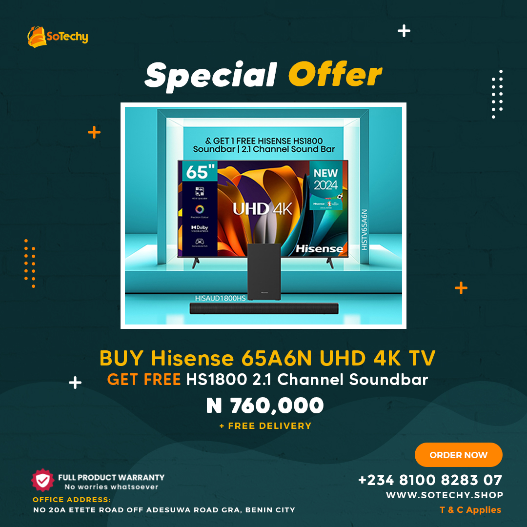 sotechyshop's tweet photo. Special Offer Alert! 🔥
Buy the Hisense 65A6N UHD 4K TV & GET a FREE HS1800 2.1 Channel Soundbar! 🎶📺
Price: N760,000 – FREE Delivery! 🚚💨
Shop now via:
📍 Walk-in store: No 20A Etete Road, GRA, Benin City
📲 WhatsApp: +234 8100 8283 07
#SoTechy #Deals #Hisense #ShopSmart https://t.co/WAXJu2Ul6o
