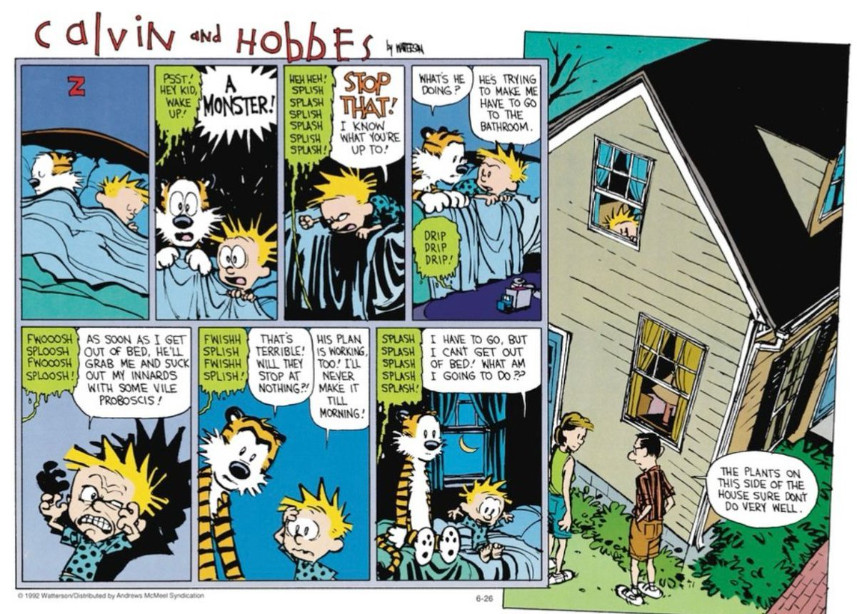 Calvinn_Hobbes's tweet photo. Calvin’s monster prank on Hobbes is pure chaos! 💦 From bed to the yard, this splash attack is wild. RIP the plants! 🌱 #CalvinAndHobbes #PrankMaster https://t.co/XrQWMD8MvB