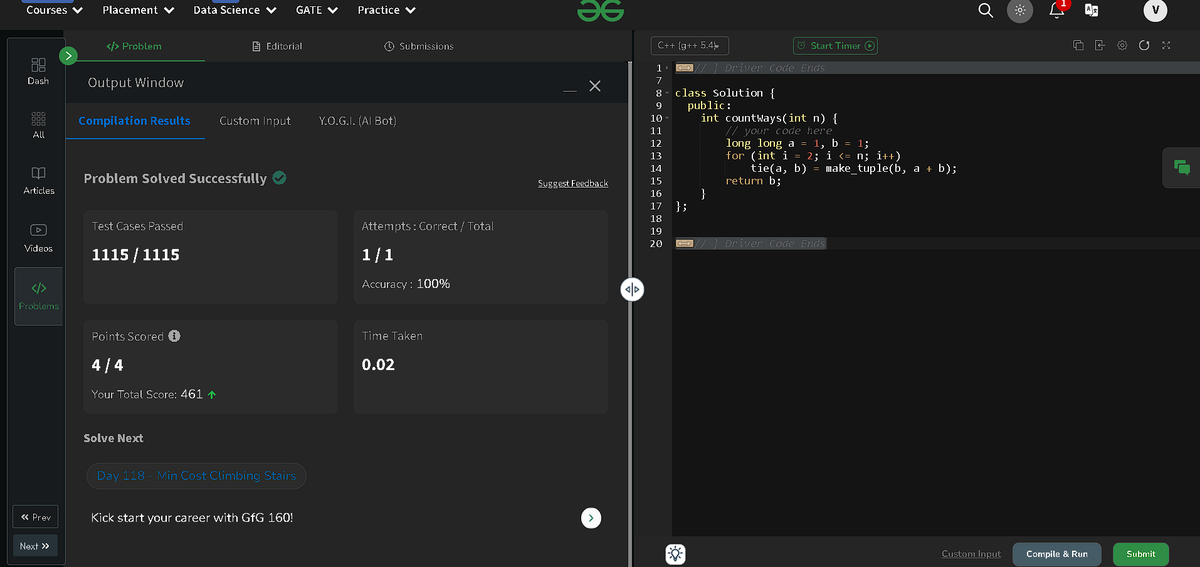 vik_7_'s tweet photo. 🚀 Day [117] of #gfg160dayschallenge @geeksforgeeks 
🏆 Today's Problem: Ways to Reach the n’th Stair
💡 Key Takeaway: Use dynamic programming or the Fibonacci sequence to count the number of ways to reach the top in O(N) time.
#DSA #DP #Recursion #StaircaseProblem https://t.co/GNwBuX5u3R