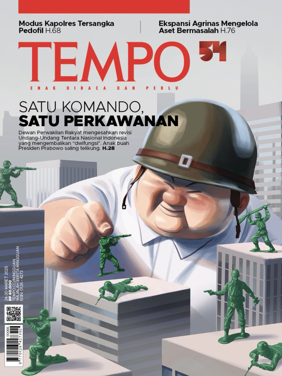 DPR akhirnya mengesahkan revisi UU TNI. Revisi UU ini adalah cita-cita Prabowo saat dia masih menjadi Menhan. Sempat diwarnai perdebatan, kubu pemerintah menyepakati beberapa klausul untuk diubah. Selengkapnya ada di Majalah Tempo terbit Ahad, 23 Maret. 

majalah.tempo.co/read/laporan-u…