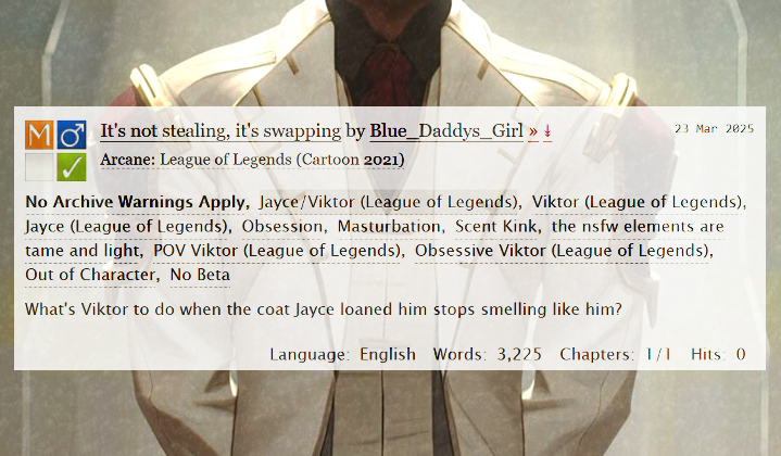 BlueDaddysGirl's tweet photo. For #darkjayvikweek day 2 OBSESSION, though the obsession isn't particularly dark... #arcane #jayvik 

It's not stealing if Viktor swaps Jayce's coats behind his back, is it?

https://t.co/zAwJMpxdoJ https://t.co/vp2oxNyA2t
