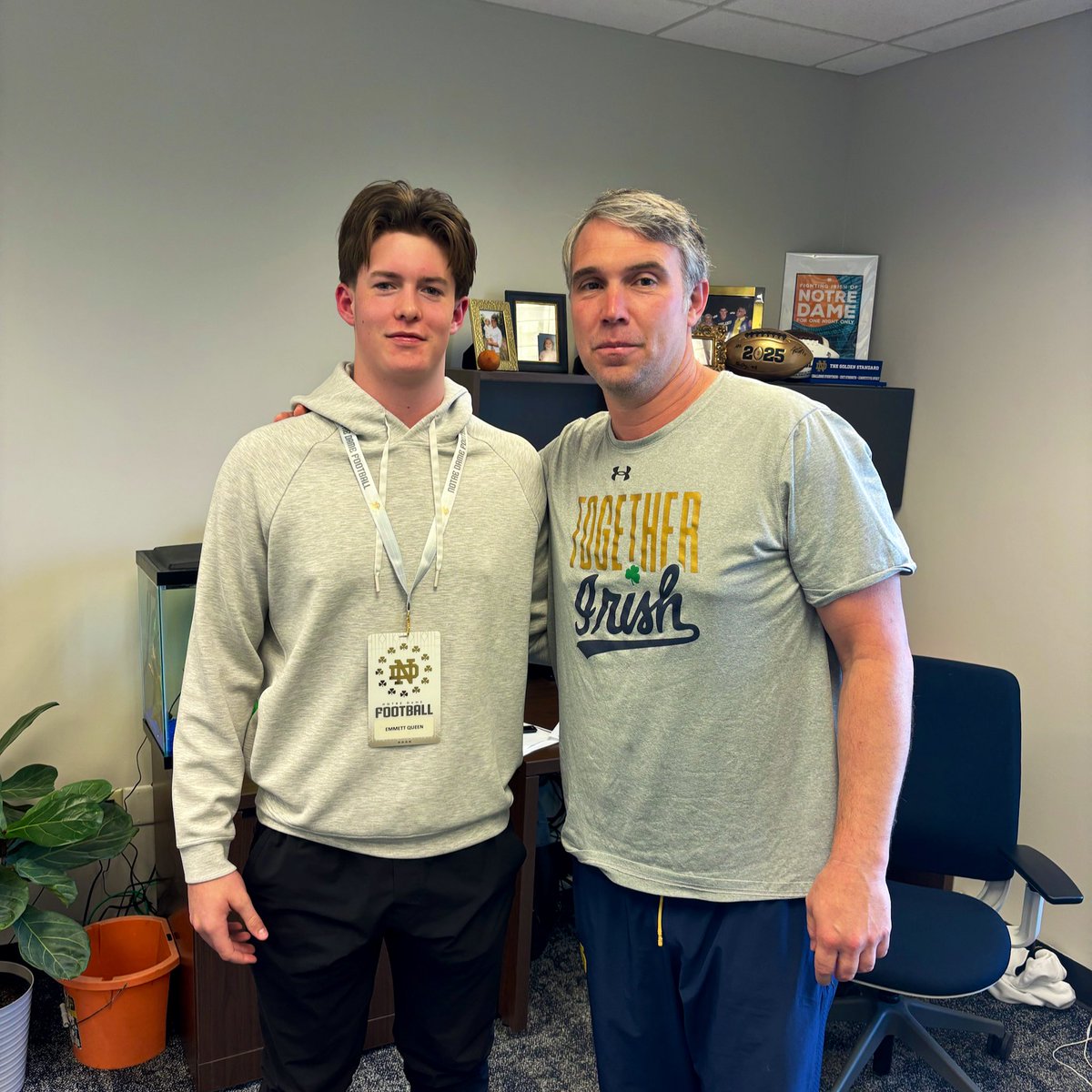Emmett Queen (@emmettqueen) on Twitter photo Had an amazing time today <a href="/NDFootball/">Notre Dame Football</a>! Grateful for my time with <a href="/GinoGuidugli/">Coach Gino Guidugli</a> <a href="/Marcus_Freeman1/">Marcus Freeman</a>. Looking forward to being back on campus for camp. #GoIrish 🍀 Had an amazing time today <a href="/NDFootball/">Notre Dame Football</a>! Grateful for my time with <a href="/GinoGuidugli/">Coach Gino Guidugli</a> <a href="/Marcus_Freeman1/">Marcus Freeman</a>. Looking forward to being back on campus for camp. #GoIrish 🍀