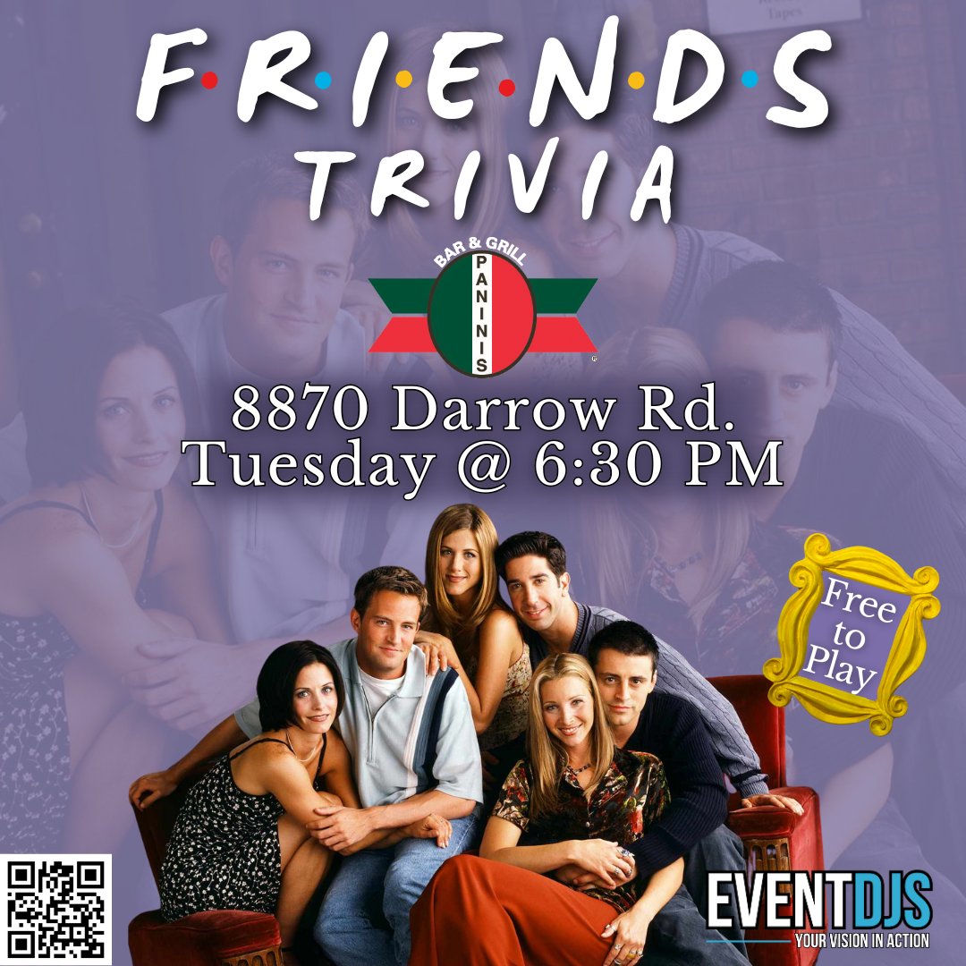 Event_DJs_'s tweet image. How you doin&apos;?? F.R.I.E.N.D.S Trivia is here! Grab your lobsters and see which team can pivot their way to the top!

📍Paninis (Twinsburg)
🗓 Tuesday @ 6:30 PM

#eventdjservice #eventdjs #ohiodjs #trivianight #trivia
