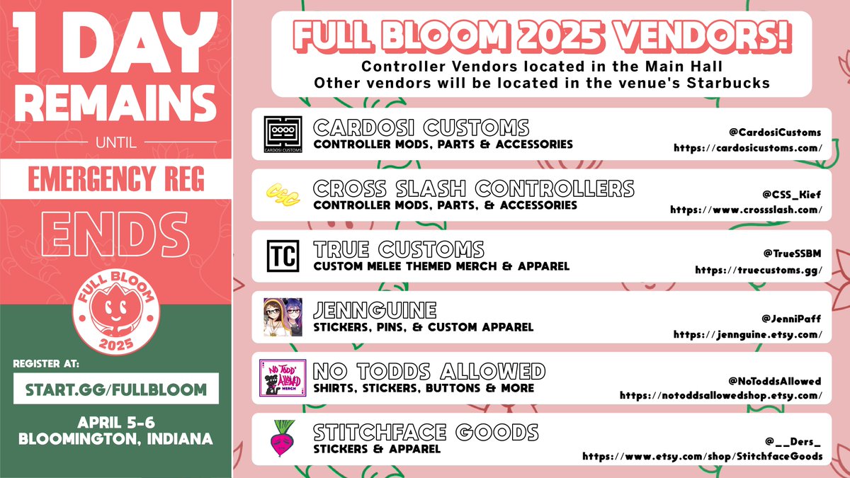 🪷Full Bloom 2025🪷
We're very excited to announce our vendors for this year's Full Bloom!
Whether you want to upgrade your controller or get some art, our wonderful modders and artists have got you covered!
Only‼️ONE DAY LEFT‼️to register⏬

start.gg/fullbloom