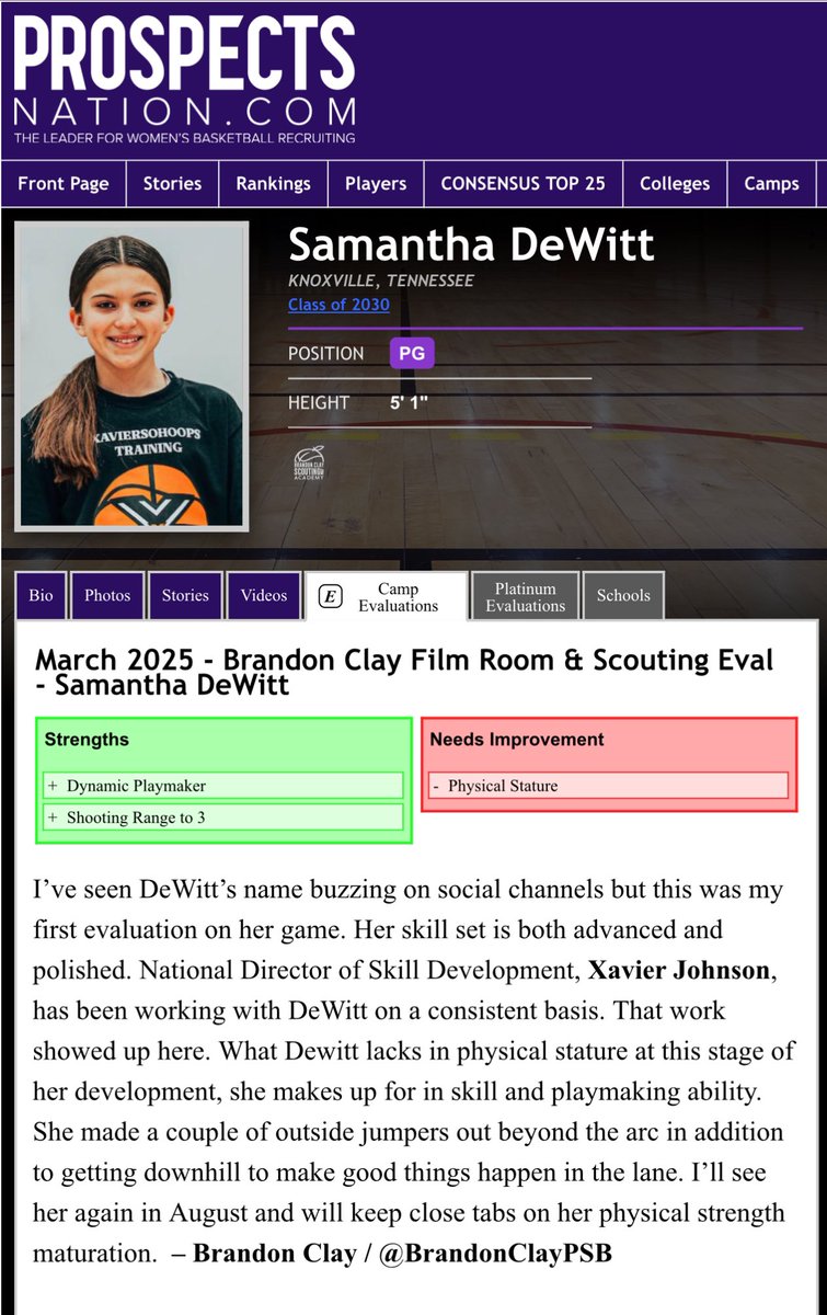 Brandon Clay Film Room (@bclayfilmroom) on Twitter photo Brandon Clay 🎥 Film Room Evals | Powered x @bclayscouting
“The Best Evals & Marketing in 🏀.”
New Eval 🚨
‘30 Samantha DeWitt (TN) can hoop!
Who’s Next
<a href="/GGardow24/">Gemma Gardow</a>
<a href="/jilleacfox12/">Jillea Fox</a>
<a href="/EllaR2008/">Ella Rasnake</a>
<a href="/Juliet21Johnson/">Juliet.J.Johnson 🏀</a>
<a href="/KMags23/">Kaylee Magenheimer</a>
➡️ PURCHASE YOUR EVAL ➡️ prospectsnation.com/prospectsnatio…
FOLLOW Brandon Clay 🎥 Film Room Evals | Powered x @bclayscouting
“The Best Evals & Marketing in 🏀.”
New Eval 🚨
‘30 Samantha DeWitt (TN) can hoop!
Who’s Next
<a href="/GGardow24/">Gemma Gardow</a>
<a href="/jilleacfox12/">Jillea Fox</a>
<a href="/EllaR2008/">Ella Rasnake</a>
<a href="/Juliet21Johnson/">Juliet.J.Johnson 🏀</a>
<a href="/KMags23/">Kaylee Magenheimer</a>
➡️ PURCHASE YOUR EVAL ➡️ prospectsnation.com/prospectsnatio…
FOLLOW