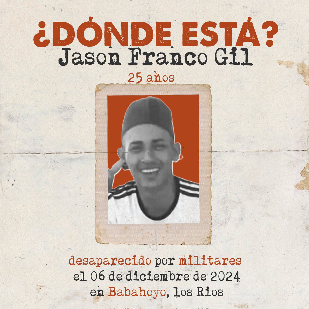 Jason Franco Gil de 25 años  fue detenido por militares el 06 de diciembre del 2024 conjunto a sus amigos. #DóndeEstán #ElEstadoEsResponsable @FFAAEcuador <a href="/FiscaliaEcuador/">Fiscalía Ecuador</a> <a href="/Presidencia_Ec/">Presidencia Ecuador 🇪🇨</a>