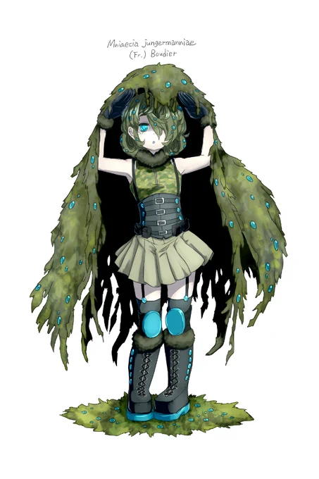 ちなみにミドリコケビョウタケは擬人化しております。ギリースーツに身を包む隠密女子「苔之実みどり」ちゃんです。不自然な青緑色でバレます。 