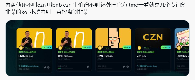 这个dev也多次蹭过这个名字，据小伙伴提供的资料，不是一次作恶的记录，虽然前面有过很多关于bsc生态季节的meme，但是这一次确实是在孙割下场后，引爆了bnb szn这个名号，在纯散户的推动下打到了M级别，后被不断的分流，我这人性子直，说话也不爱拐弯抹角的，还被他们阴阳怪气，说我格局不够