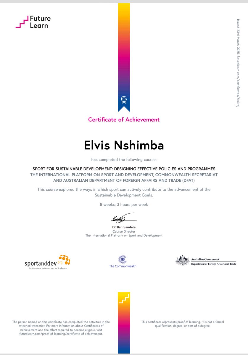 babaelva's tweet photo. Thrilled to share that I've completed the "Sport for Sustainable Development: Designing Effective Policies and Programs" course from @sportanddev  . Excited to apply this knowledge to promote sustainable development through sport! 🌍🏀 #SportForDevelopment https://t.co/3NBjlkHdiV