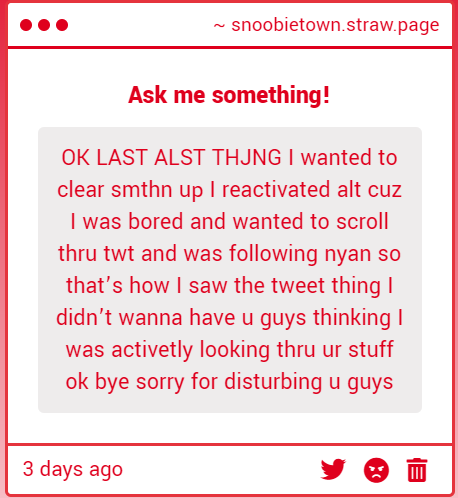 snoobble's tweet photo. do you think i'm dumb?? for real just buzz off. i don't know how to make it MORE clear to you that me or my friends HATE you. and all this trying to "clear your name" is just digging a deeper hole https://t.co/VCJ7WSxQad