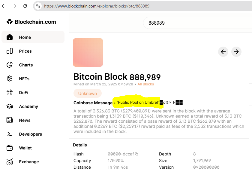 altair_tech's tweet photo. 🍾Congratulations to the miner who just found BTC block #888989 on their self-hosted @umbrel @Public_Pool_BTC  instance!🍾

Until recently, this address was mining to ckpool with <1 Terahash hashrate, suggesting this block was likely found with a Bitaxe or comparable miner. https://t.co/1Y0wyAjr0R