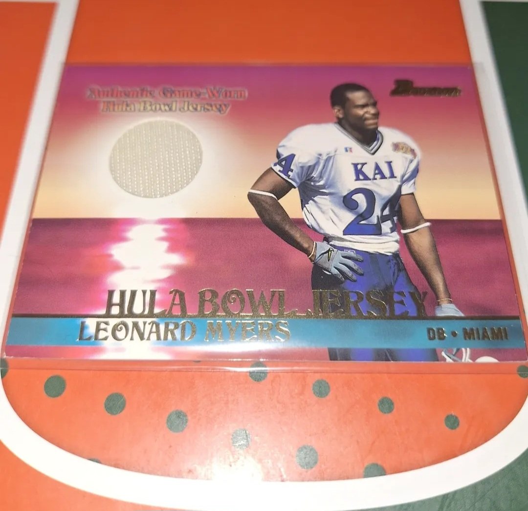cardking305's tweet image. 2001 bowman rookie game worn jeresy card #leonardmyers #hurricanesfootball