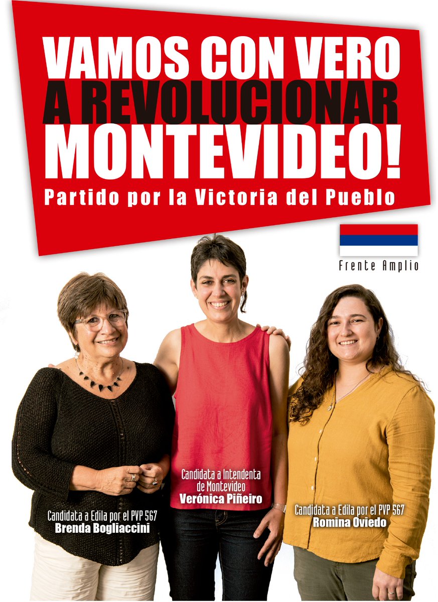 Vamos con <a href="/Veropr2810/">Vero Piñeiro</a>, con <a href="/brendaboglia/">Brenda Bogliaccini</a> y con #RomiOviedo_ a Re-Evolucionar Montevideo.
Desde el PVP apostamos a Vero porque tiene las ganas, las capacidad y el coraje para encarar los cambios con vos, con todas y todos.
¡Votalas con la #Lista567!
#BrendayRominaEdilas 
#Lista567