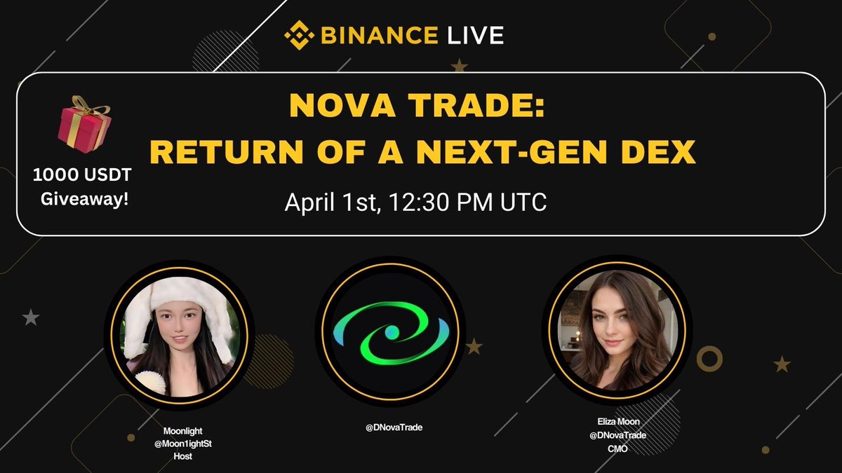 Nova Trade (@dnovatrade) on Twitter photo 🚀 NovaTrade – The Return of the Next-Gen DEX!
🔥 Mark your calendars! We're going LIVE on Binance Live to talk about how NovaTrade is reshaping DEX trading with CEX-like speed, deep liquidity, and ultra-low fees.
🎙 Host: <a href="/Moon1ightSt/">Moonlight🌙月光 🐥 🔱 🔆</a>
🎤 Guest: Eliza (NovaTrade CMO)
📅 Date & 🚀 NovaTrade – The Return of the Next-Gen DEX!
🔥 Mark your calendars! We're going LIVE on Binance Live to talk about how NovaTrade is reshaping DEX trading with CEX-like speed, deep liquidity, and ultra-low fees.
🎙 Host: <a href="/Moon1ightSt/">Moonlight🌙月光 🐥 🔱 🔆</a>
🎤 Guest: Eliza (NovaTrade CMO)
📅 Date &