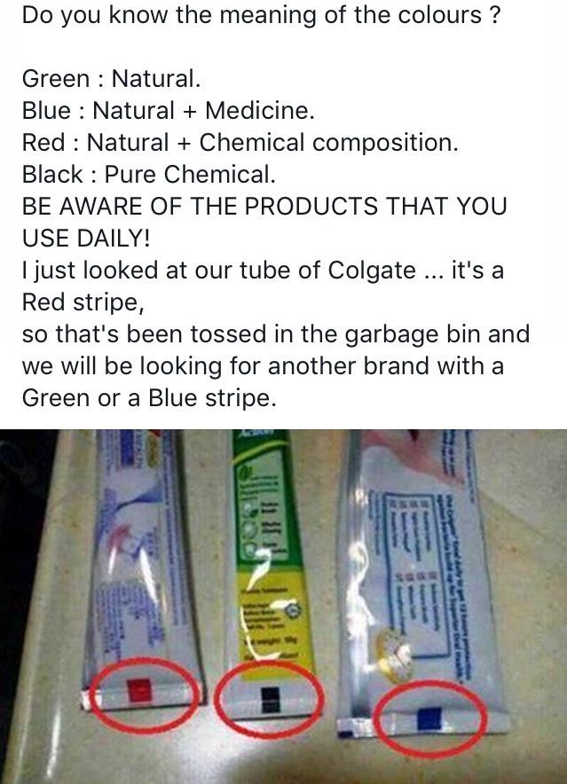 TodayiLearrned's tweet photo. Meaning of the colors on toothpaste https://t.co/xDTwPG5d98