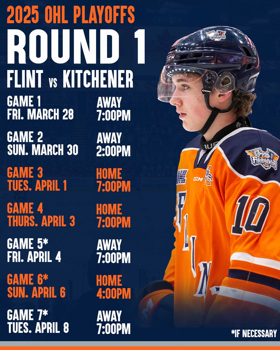 FlintFirebirds's tweet image. It's official, we've got the @OHLRangers in the first round of the #OHLPlayoffs.

Tickets available starting at 11 a.m. on Tuesday via the Dort Financial Center box office or online at etix.com