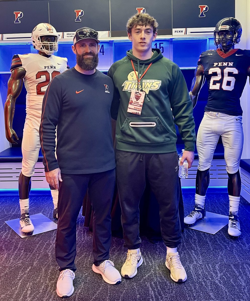 Drew Esper (@drewesper) on Twitter photo Thank you to <a href="/CoachDupont/">Jon Dupont</a> and the staff for the opportunity to learn about Penn today! Amazing campus and so much history!
<a href="/PennFB/">Penn Football</a> <a href="/CoachBobBenson/">Bob Benson</a> <a href="/CoachPriore/">Coach P</a> <a href="/CoachWagner31/">Coach Wagner</a> <a href="/TCWestTitanFB/">Traverse City West Titan Football</a> <a href="/AllenTrieu/">Allen Trieu</a> <a href="/adamgorney/">Adam Gorney</a> <a href="/ChadSimmons_/">ChadSimmons</a> <a href="/GregSmithRivals/">Greg Smith</a> <a href="/BrianDohn247/">BrianDohn247</a> @SWiltfong Thank you to <a href="/CoachDupont/">Jon Dupont</a> and the staff for the opportunity to learn about Penn today! Amazing campus and so much history!
<a href="/PennFB/">Penn Football</a> <a href="/CoachBobBenson/">Bob Benson</a> <a href="/CoachPriore/">Coach P</a> <a href="/CoachWagner31/">Coach Wagner</a> <a href="/TCWestTitanFB/">Traverse City West Titan Football</a> <a href="/AllenTrieu/">Allen Trieu</a> <a href="/adamgorney/">Adam Gorney</a> <a href="/ChadSimmons_/">ChadSimmons</a> <a href="/GregSmithRivals/">Greg Smith</a> <a href="/BrianDohn247/">BrianDohn247</a> @SWiltfong