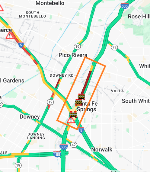 Caltrans District 7 (@caltransdist7) on Twitter photo 🚧Super 605🚧 
Southbound I-605 is reduced to two lanes from Telegraph Rd to I-5 until 11PM Sunday March 23 for paving operation. Expect delays & use alternate routes. Photos: Pouring & compacting asphalt layer; placing rebar; pouring concrete. QuickMap.dot.ca.gov 🚧Super 605🚧 
Southbound I-605 is reduced to two lanes from Telegraph Rd to I-5 until 11PM Sunday March 23 for paving operation. Expect delays & use alternate routes. Photos: Pouring & compacting asphalt layer; placing rebar; pouring concrete. QuickMap.dot.ca.gov