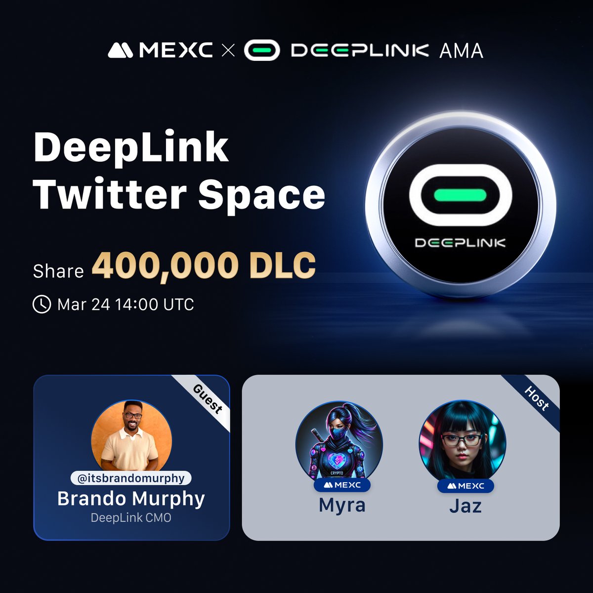 🎙️ MEXC X Space AMA 🎙️

🔹Guest: <a href="/DeepLinkGlobal/">DeepLink</a> 
🔹Topic: DeepLink: Revolutionizing Cross-Platform and Cross-Chain Connectivity

🔔 Set a reminder now:  x.com/i/spaces/1gqGv…

🎁 Win your share of 400,000 $DLC Bonus: gleam.io/competitions/U…