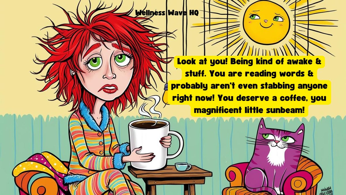 WellnessWave_HQ's tweet image. 🧋 You’re up, you’re trying, and you haven’t stabbed anyone. You deserve a coffee, you magnificent little sunbeam. ☕✨
#MorningMood #ChronicPainHumor #WellnessWaveHQ
