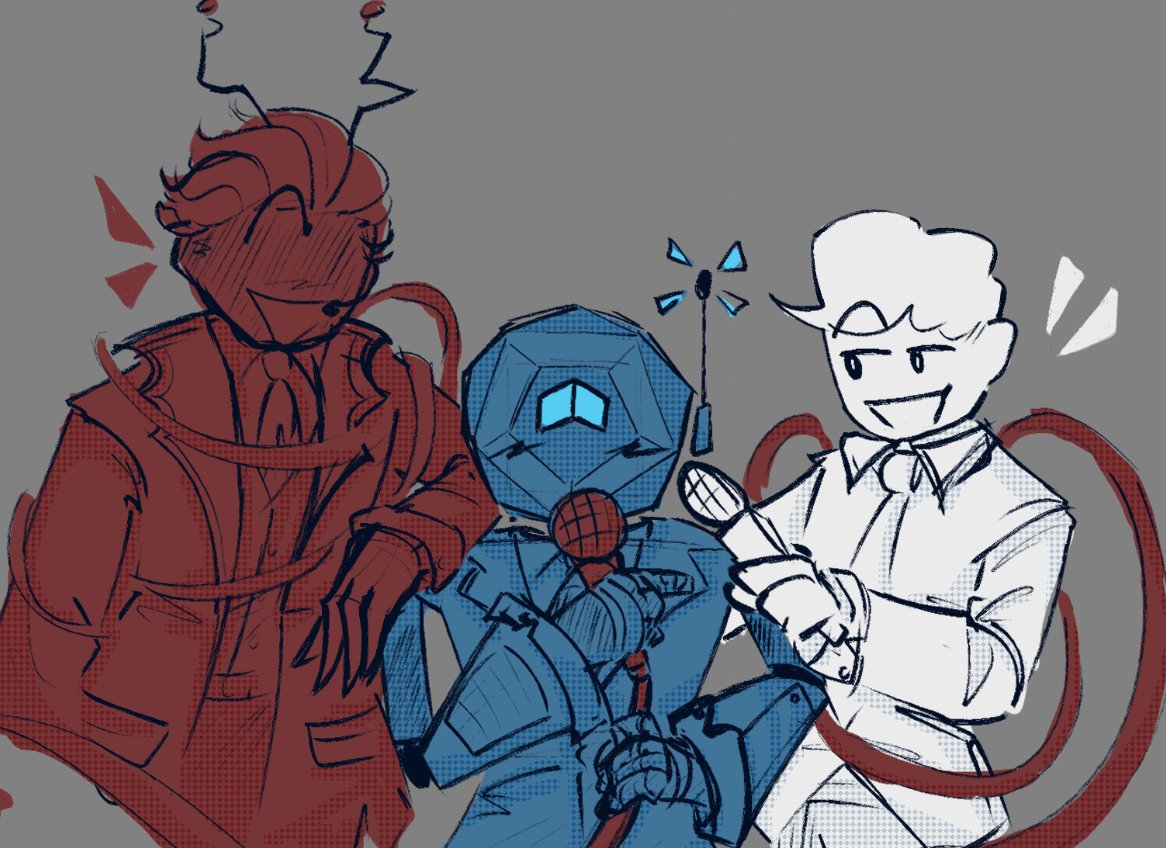 ToasterVibe's tweet photo. I completely forgot to post this on here D: I put it on bluesky but not on here auugh!!! ANYWAY CONTEXT: Two OCs (One by me on the left, one by Maya in the middle) and Norbert because they all wear some variation of "suits and ties"  This is a super dumb and silly doodle lmao https://t.co/ifvMbo47P9