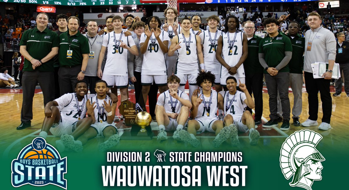 Congratulations to Wauwatosa West, the 2025 WIAA D2 Boys Basketball State Champions! The Trojans defeated Racine Park in an overtime thriller to earn their program's first gold ball! 🏀🏆 #wiaabb #statechamps