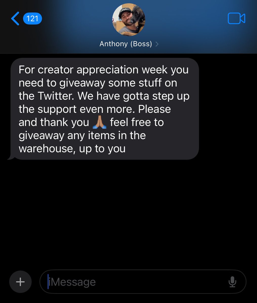 When boss man sends this text I must follow orders! 

We as an organization would like to provide (3) care packages to creators that they can use for give-aways in their own communities to help build some momentum and hopefully help them out. 

You MUST
✅ BE FOLLOWING (duh)
✅