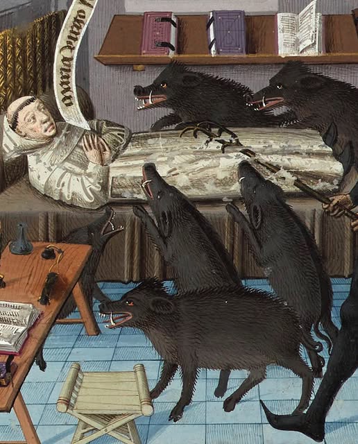 fakehistoryhunt's tweet photo. That's what you get if you let your pet sleep in your bed just once...
Paris 1463. BnF, Français 50, fol. 256v. https://t.co/1XZG74A2mH