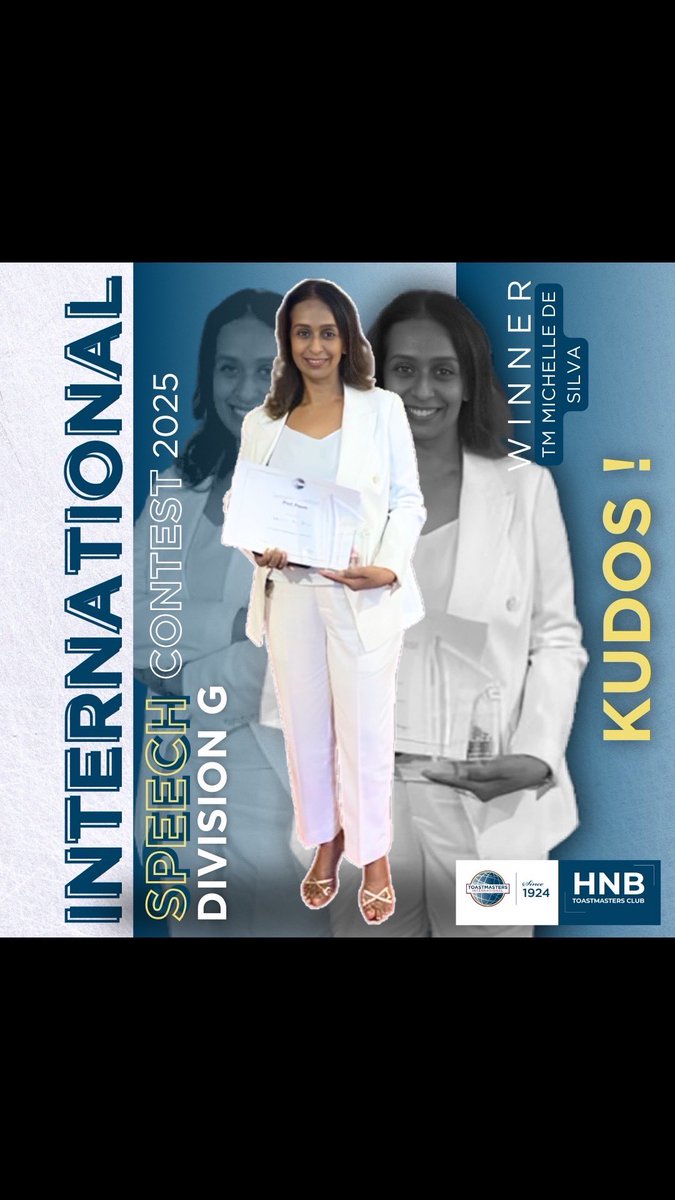 HNBTMC's tweet photo. A step closer to the ultimate stage!🚀✨

Congratulations to TM Michelle De Silva, the Division G International Speech Contest Winner, who is now advancing to the Semi-Finals! 🎉👏

#HNBTMC #DivisionGWinner #RoadToSemiFinals #ToastmastersChampion #PublicSpeakingJourney https://t.co/ijtmTn3Pkv