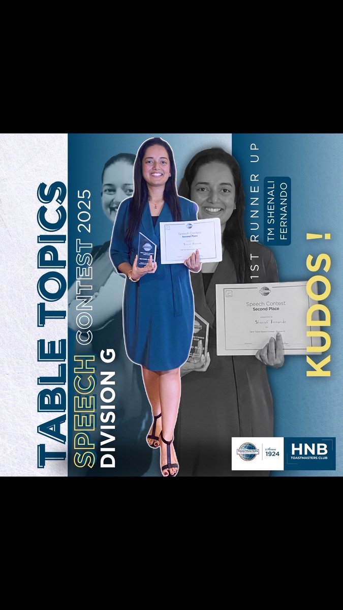 HNBTMC's tweet photo. Rising to new heights! 🌟

Congratulations to TM Shenali Fernando, the 1st Runner-Up at the Division G Table Topics Speech Contest! 🎉👏

#HNBTMC #DivisionGSuccess #SpeechContestChampion #ProudToastmaster #OnwardAndUpward https://t.co/iA2AlAURHv