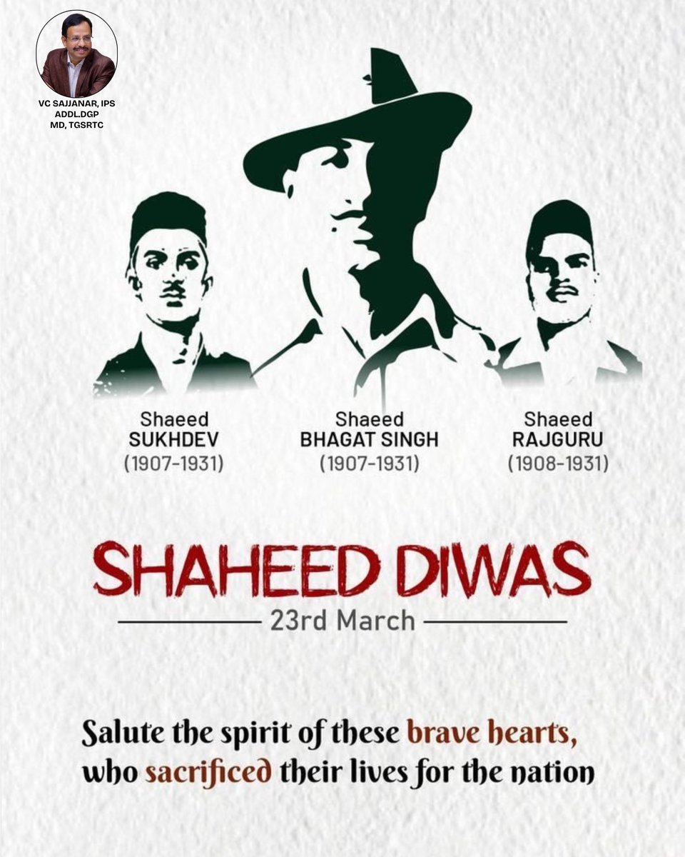 SajjanarVC's tweet image. Martyrs never die; they live on in our hearts! 🇮🇳✨

On this Shaheed Diwas, I pay tribute to the brave revolutionaries Bhagat Singh, Rajguru, and Sukhdev, who sacrificed their lives for the freedom of our nation. Their courage, patriotism, and unwavering spirit continue to…