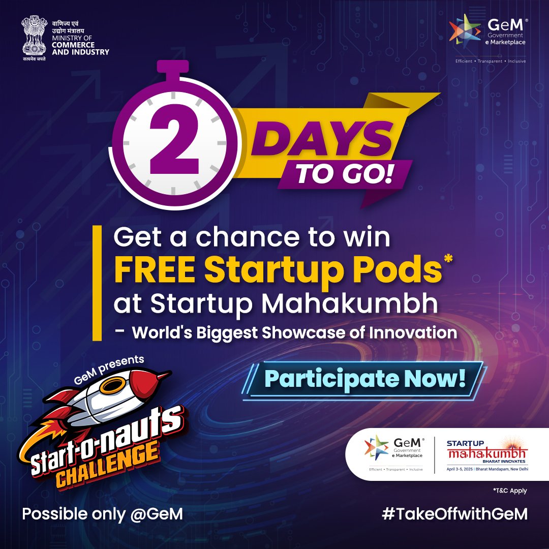 GeM_India's tweet photo. Only 2 Days Left To Secure Your Spot at World’s Biggest Showcase of Innovation! 

Are you a DPIIT-registered startup eager to tap into the #B2G space? 

GeM’s Start-o-nauts Challenge is your golden ticket to showcasing your innovation at #StartupMahakumbh for FREE! 

✨ Seize the chance, win big❕❕❕

✅ Top 30 winners get a FREE Startup Pod (worth ₹30K)
✅ The next 90 winners get 1 complimentary silver pass (worth ₹5K)
✅ Exclusive opportunity to connect with prospective government buyers & successful startups on GeM
✅ Get a participation certificate from GeM

📢 How to enter:
1️⃣ Register on https://t.co/kd3JnHjlI4
2️⃣ Like & follow GeM’s official social media handles on Facebook, LinkedIn, YouTube, X & Instagram
3️⃣ Share GeM’s page & tag 5 friends on this post, inviting them to like, share & participate
4️⃣ Upload screenshots of all the steps on the linked Google Form

🔗GeM Linktree to register and follow: https://t.co/tx2RYBwneR 
📢 How it works:
🎁 100 points on completing registration (profile completion) and the above-mentioned social media criteria
🎁 +50 points on successfully depositing caution money at the time of registration
🎁+50 points on successfully applying for vendor assessment
🎁+50 points extra upon completing the catalogue uploading process

🔗Fill the Google Form once done and upload proof of participation: https://t.co/j44iSOOtpV 

🔗 To know more, click here: https://t.co/LlfpFmx3o5 

🚀 The more points, the higher you rank on the leaderboard! 🏆

⏳ The clock is ticking—apply now and scale your startup to new heights!

#GeMStartonauts #StartupMahakumbh2025 #startups #Entrepreneurship #entrepreneurs #GeMAtStartupMahakumbh  #Indianentrepreneurs #Indianstartups #StartupsIndia