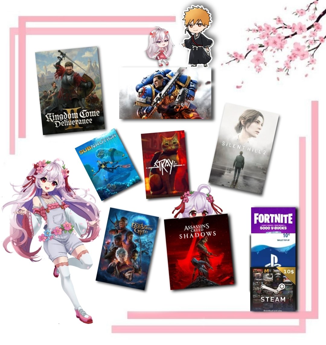 Winner choice:
- kingdom come 2
- warhammer 40k
- subnatica 
- stray
- silent hill
- Bauldars gate 3
- Ac shadows
- Gift card (Fortnite, steam, PSN)

Steps: 
Follow: <a href="/JBabs_GFX/">ᒎᗷᗩᗷs</a>  and me (<a href="/CherryyGarden/">cherry🌸</a>) 
Like 🩷 &amp; repost ♻️
Comment: Which are you trying to get? 

Ends: 🩷 friday