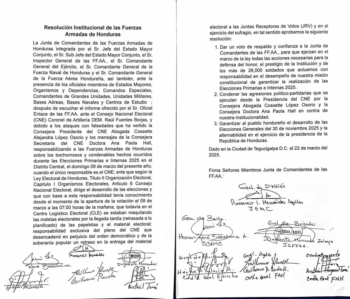 FFAAHN's tweet photo. Las Fuerzas Armadas de Honduras ratifican ante el pueblo hondureño su compromiso inquebrantable para garantizar la vigencia del orden democrático y las elecciones generales del 30 de noviembre de 2025, a la vez que defenderemos el honor de la institución que intentan mancillar con fines político partidarios.