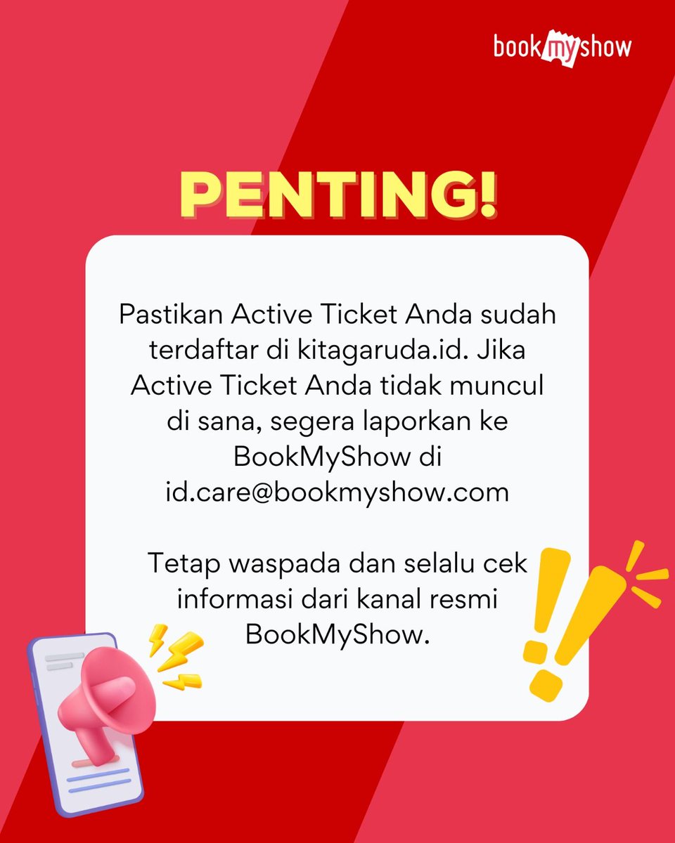 BookMyShowID's tweet image. Halo Garuda Fans! 🦅

Hanya tersisa 2 hari lagi menuju pertandingan Timnas Indonesia vs Bahrain! Kami ingin mengingatkan Anda untuk memeriksa kembali status keaktifan tiket di website kitagaruda.id. 

Ayo, kita ramaikan GBK! 🏟️

#BookMyShowID #KitaGaruda #GarudaID