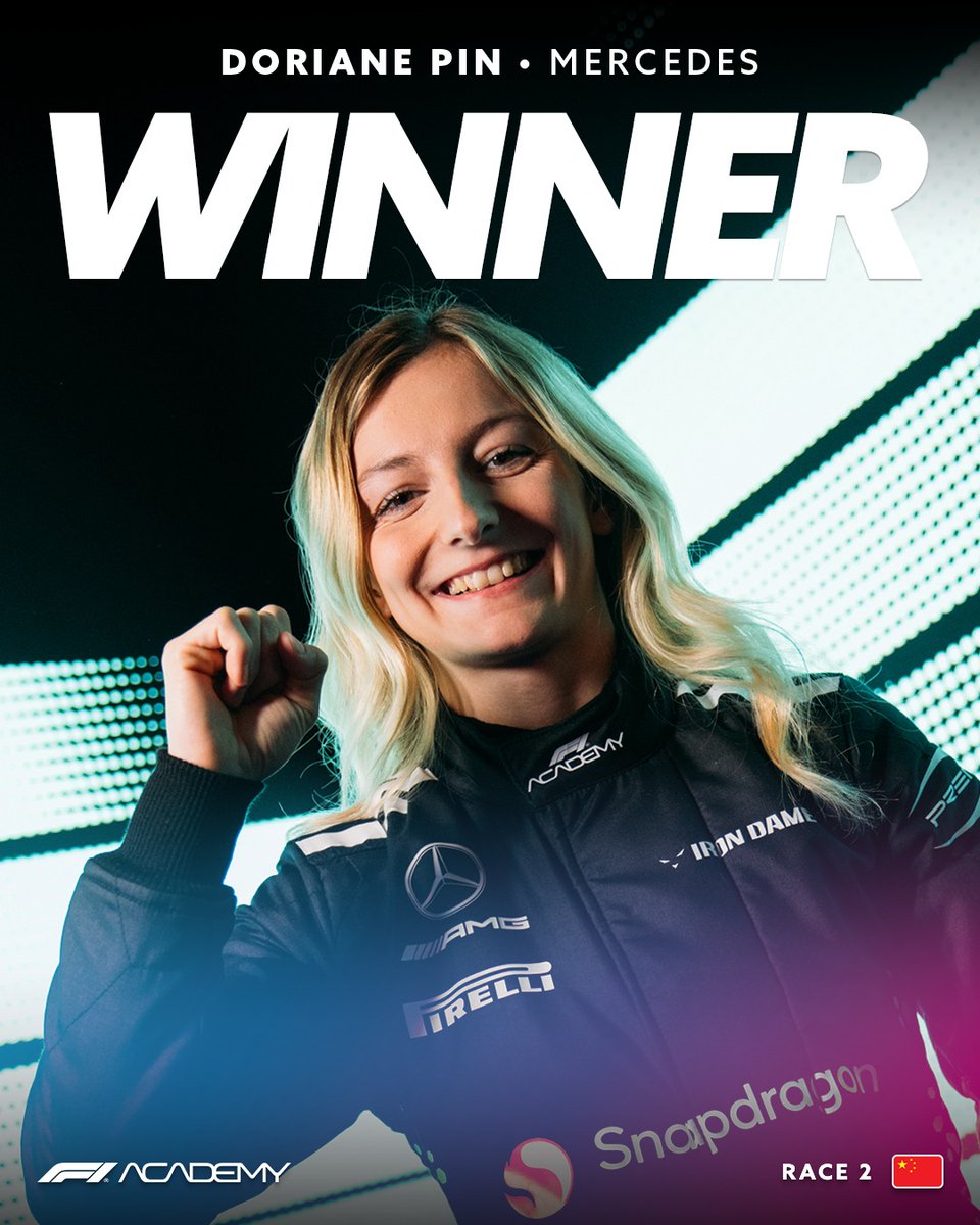 f1academy's tweet photo. Doriane Pin crosses the line to take victory in Shanghai.

A Turn 1 move to take the race lead secured the win💪

#F1Academy #ChineseGP https://t.co/jVv5cHLz3j