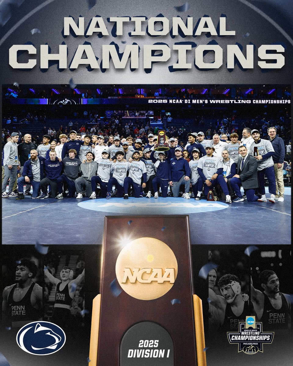 NCAAWrestling's tweet image. YOUR 2024-25 NATIONAL CHAMPIONS 🏆
@pennstateWREST wins the national championship for the 13th time, with a team score of 177.0.
#NCAAWrestling