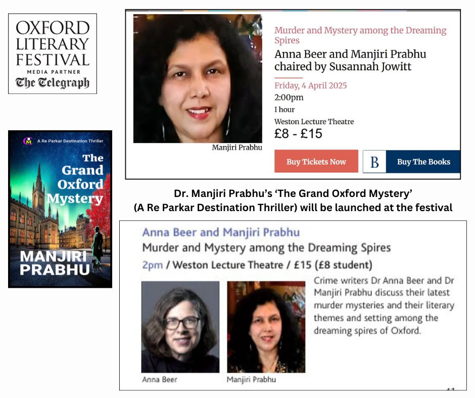 manjiriprabhu's tweet photo. Delighted that I will be launching my 23rd book and 5th #destinationthriller
'The Grand Oxford Mystery' at the amazing @oxfordlitfest
Do join me if you can...
@bodleianlibs @UniofOxford @inBritish #ReParkar #Book23 #mysteryfiction @PuneIntLitFest @richove https://t.co/GkIQxU38YG