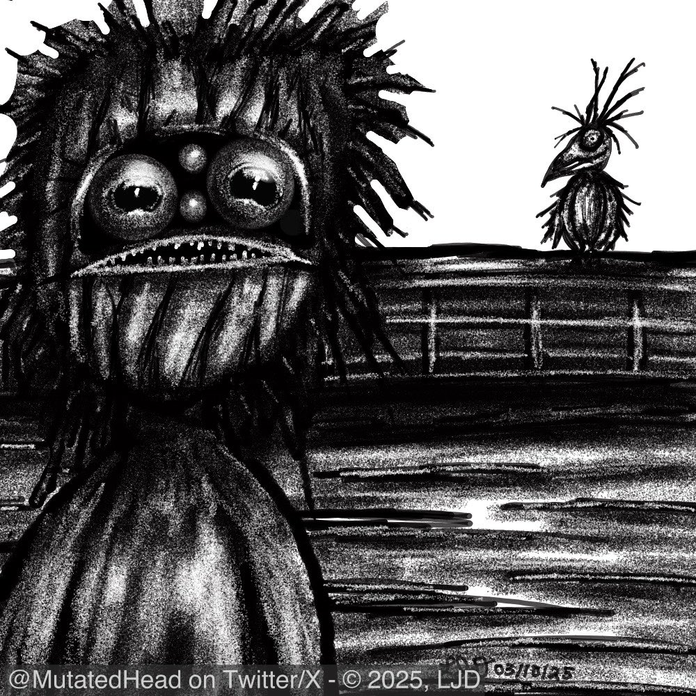 MutatedHead's tweet image. Here’s a new #DrawEveryDay drawing I made. I think the prompt I chose for this one was - Crow. Not sure if that little guy in the top right is a crow, but, whatever. Hehe. Thanks for checking out my art and I hope you’re all well &amp;amp; having a great weekend. #artwork #art #drawing