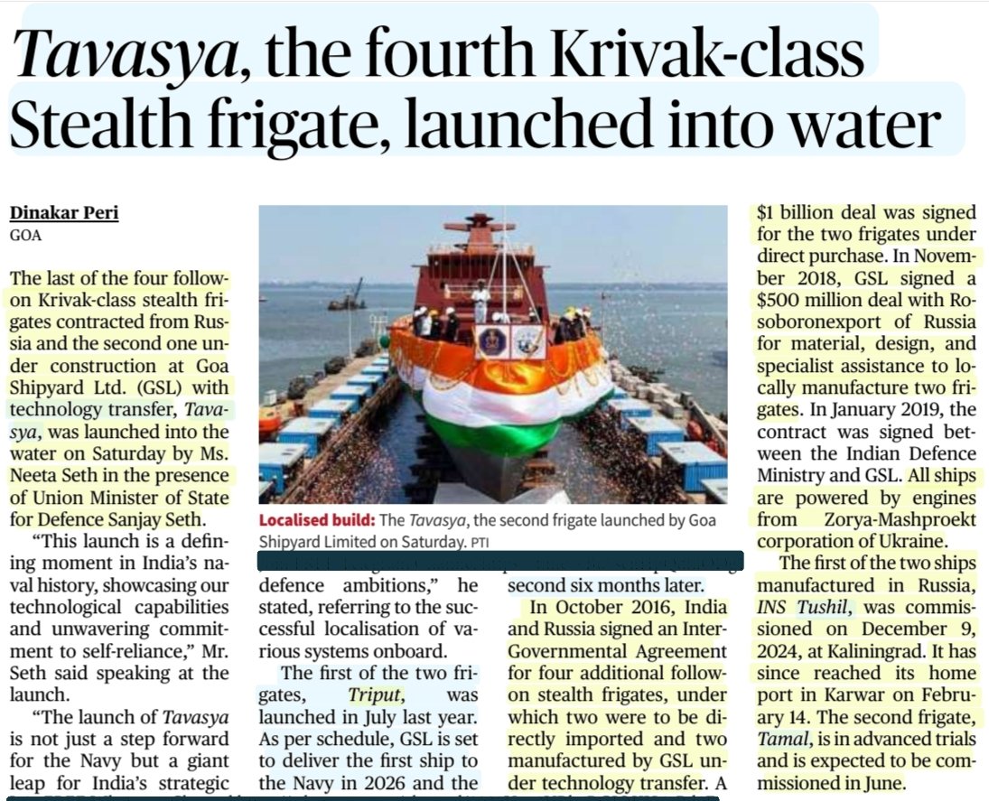 imRavikantYadav's tweet photo. #Defence #news 

*Indo-France Naval exercise off Goa focuses on #AntiSubmarine #Warfare 

#India #France #Varuna

*#Tavasya ,4th Krivak-class Stealth Frigate,launched into water

#TechTransfer #Triput #Tushil #Tamal 
#Russia #Ukraine️ 

:By Sh Dinakar Peri 

#UPSC

Source:TH https://t.co/3dHE7Yhti8