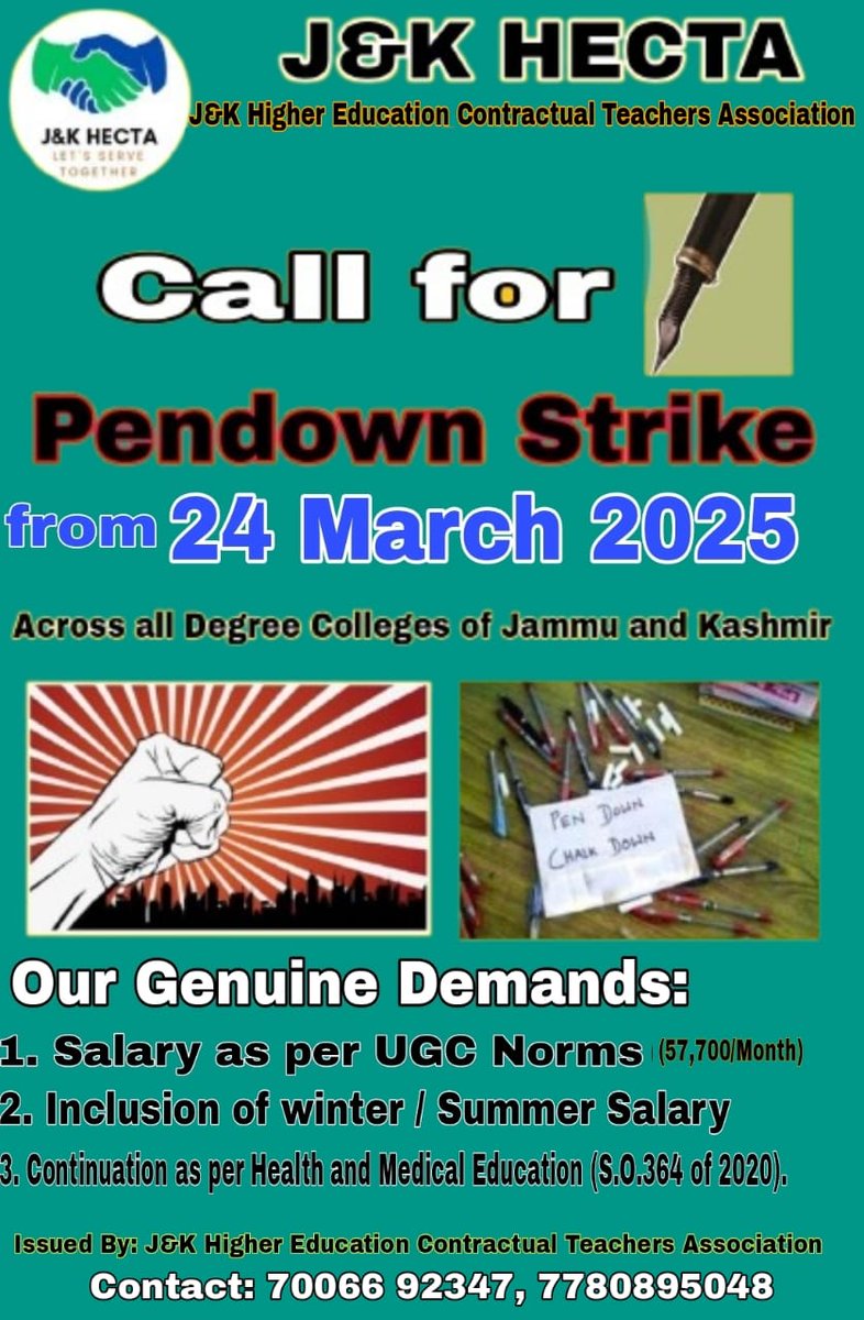 jkhecta's tweet photo. Pendown strike shall be implemented with full zeal and zest from 24 March 2025, as a mark of protest for not addressing our Genuine demands
@OmarAbdullah @sakinaitoo @JavedAhmadRana @MehboobaMufti @parawahid @ShahFay67820600 @kashmircrownews @sajadlone @rtimuzaffar https://t.co/Afn6dGkm8U