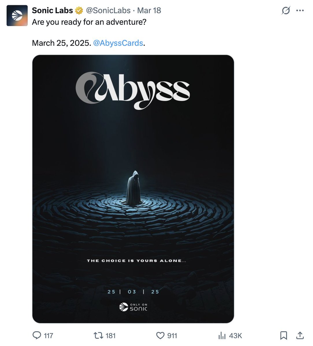 yyy (@y_cryptoanalyst) on Twitter photo 《抽奖贴》
NFT 我只抽Alpha 系列一之 - <a href="/abysscards/">Abyss</a>.
抽20个卡牌freemint 的WL.
<a href="/abysscards/">Abyss</a> 是 <a href="/SonicLabs/">Sonic Labs</a> 链上的首款1对1卡牌类游戏,玩家基于AI 技术生成随机属性的Abyss 卡牌。<a href="/SonicLabs/">Sonic Labs</a> 官推专门发推shill, Sonic 链上不少OG 玩家都关注了,背景目前看起来还行。 《抽奖贴》
NFT 我只抽Alpha 系列一之 - <a href="/abysscards/">Abyss</a>.
抽20个卡牌freemint 的WL.
<a href="/abysscards/">Abyss</a> 是 <a href="/SonicLabs/">Sonic Labs</a> 链上的首款1对1卡牌类游戏,玩家基于AI 技术生成随机属性的Abyss 卡牌。<a href="/SonicLabs/">Sonic Labs</a> 官推专门发推shill, Sonic 链上不少OG 玩家都关注了,背景目前看起来还行。