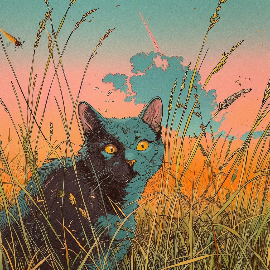 solflarecats's tweet photo. Amidst the golden glow of Solarpunk's allure, 
 A cat with eyes aglow like a star. 
 In this field where secrets are told, 
 The cat stands, its gaze unbold. 
  
 With blades of wheat that sway and bend, 
 And flowers in hues beyond their kind. 
 This feline finds its path... https://t.co/2Hc2I73P45