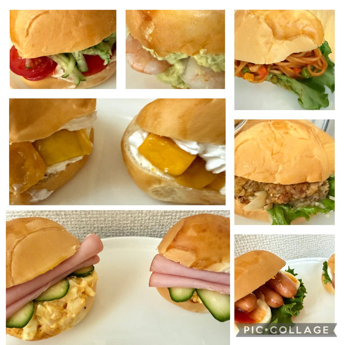 tomoyako's tweet photo. 今日はコストコディナーロールをバンズにして、各種作ってみました。中身は「アボガドシュリンプ」「ツナきゅうり」「バンバーグ」「ハム卵トマト」「ゆで卵ウインナー」「ナポリタン」そしてデザート系「マンゴー」😁 #作り置き #おうちご飯lover  #ディナーロール https://t.co/7INRqldYlo